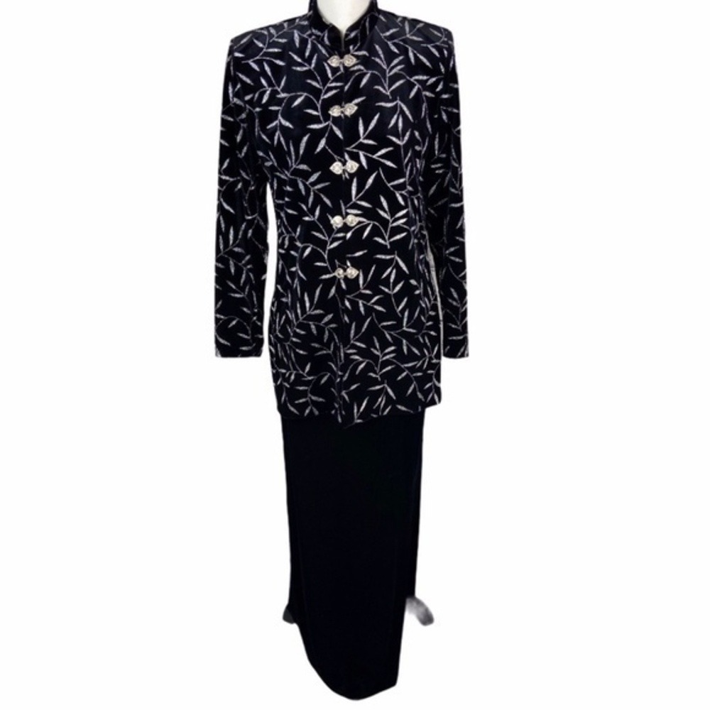 J.B.S.‎ Ltd. Black Silver Velvet Skirt Suit Women 8 Vintage Toggle Jacket Maxi